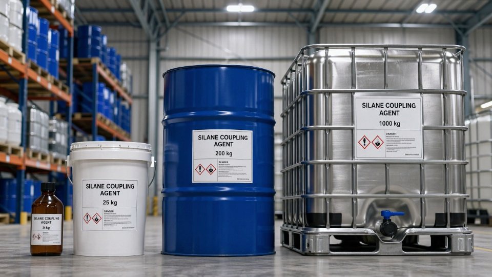 Assorted silane coupling agent packaging formats — bottles, pails, steel drum, and IBC tote — arranged in an industrial warehouse storage area