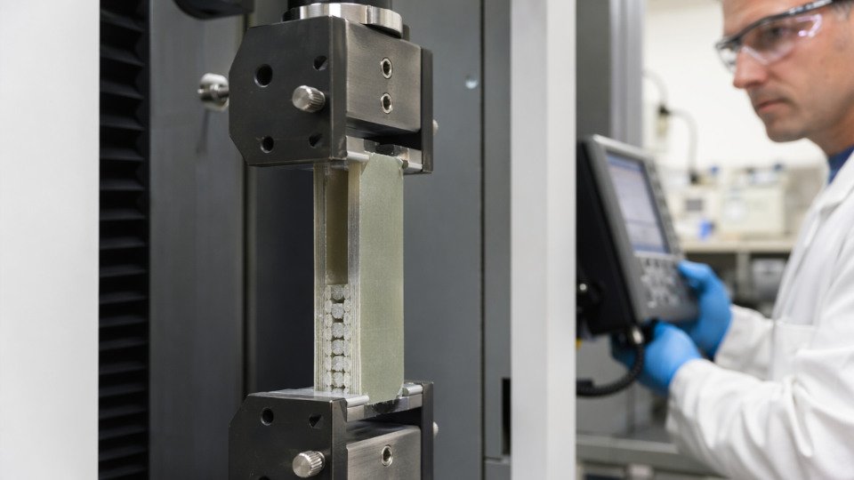 Close-up of glass fiber composite panel at a fiber–matrix interface being tested for tensile strength in an industrial laboratory