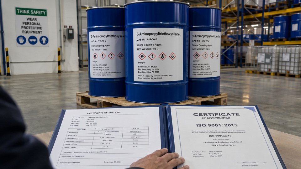 Industrial drums of silane coupling agent on a warehouse pallet with quality certification documents and a Certificate of Analysis in the foreground