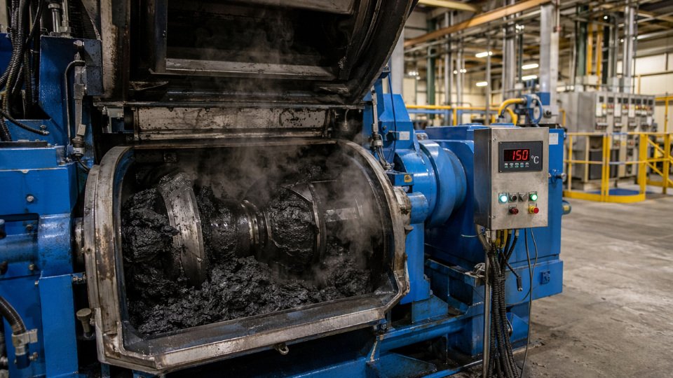 Industrial rubber compounding mixer processing silica-filled tire compound with silane coupling agent