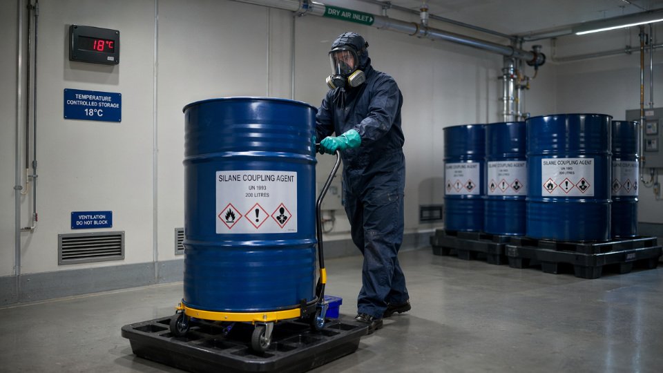 Industrial worker in full PPE handling a sealed drum of silane coupling agent in a temperature-controlled chemical storage facility