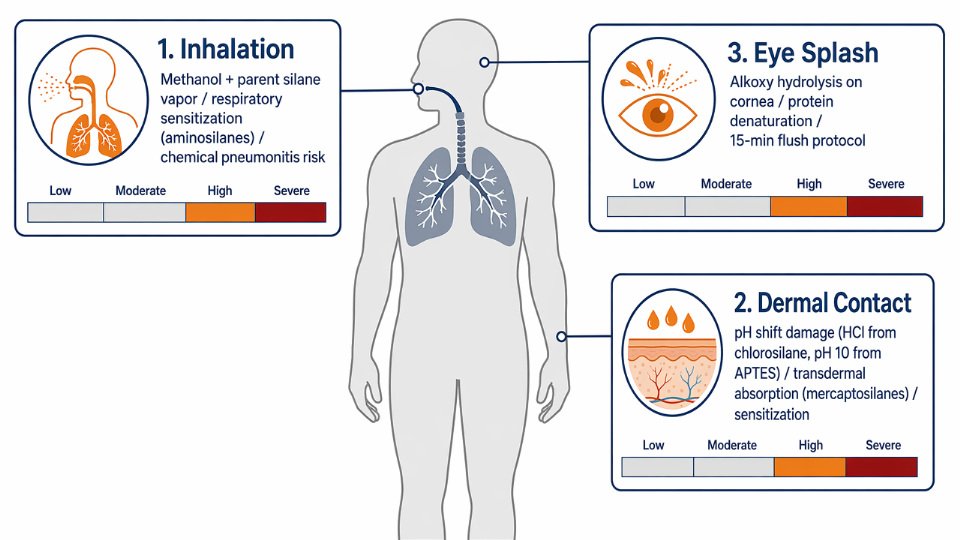 Flat vector diagram illustrating the three human exposure pathways for silane coupling agents — inhalation, dermal contact, and eye splash — with mechanism annotations