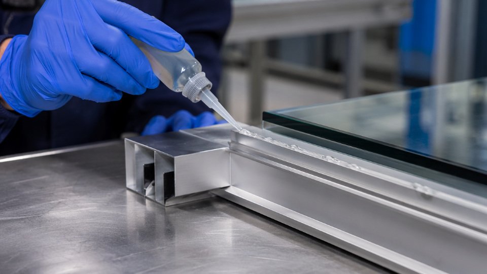 Close-up of silane coupling agent being applied at a glass-metal bond line in an industrial adhesive assembly setting