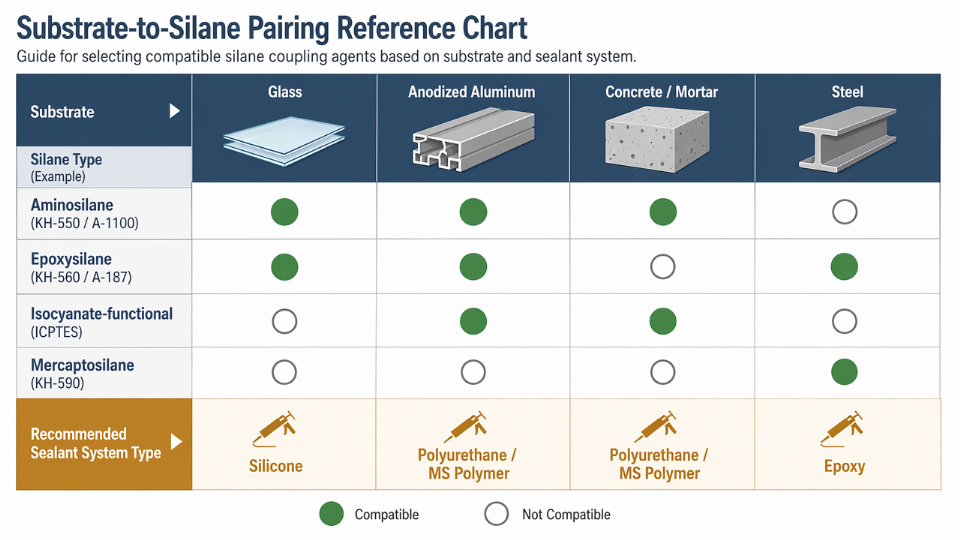 Flat vector diagram showing recommended silane coupling agent types matched to common substrates including glass, aluminum, concrete, and steel