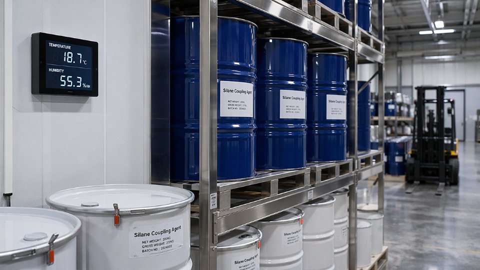 Sealed industrial drums of silane coupling agent stored on warehouse racking with temperature and humidity monitoring equipment visible
