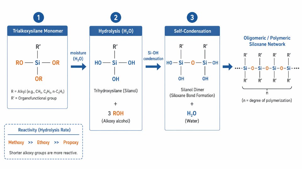Step-by-step engineering diagram showing hydrolysis of trialkoxysilane to silanol followed by self-condensation into siloxane oligomers