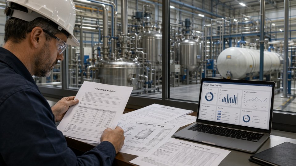 Industrial procurement manager reviewing a silane coupling agent supply agreement at a chemical plant
