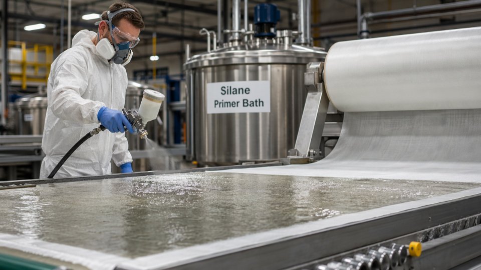 Industrial worker applying silane coupling agent primer to glass fiber composite panels on a manufacturing line