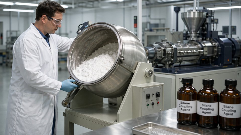 Industrial technician handling silane coupling agent treatment of glass fiber filler in a compounding facility