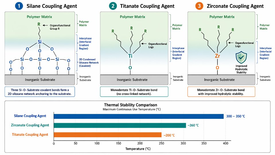 Flat vector comparison diagram of silane, titanate, and zirconate coupling agent molecular attachment mechanisms at an inorganic substrate surface
