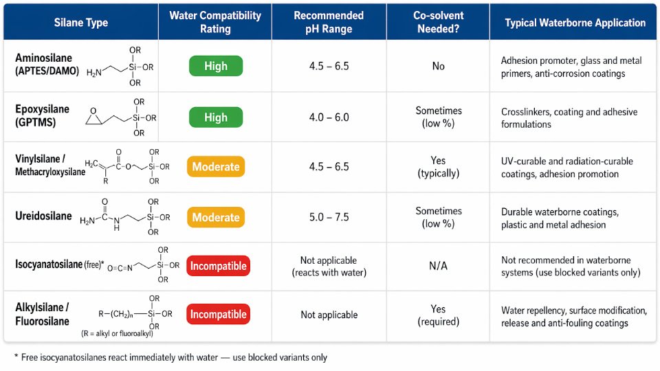 Engineering compatibility matrix diagram comparing silane functional groups against water-based system suitability, recommended pH, and typical applications