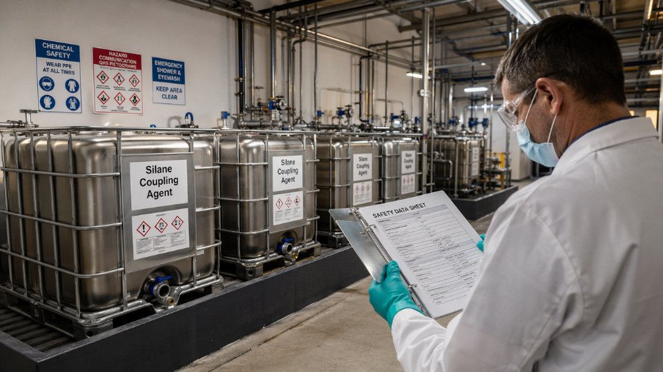 Industrial chemical handling area where silane coupling agents are processed, with labeled IBC containers, SDS binders, and compliance documentation visible