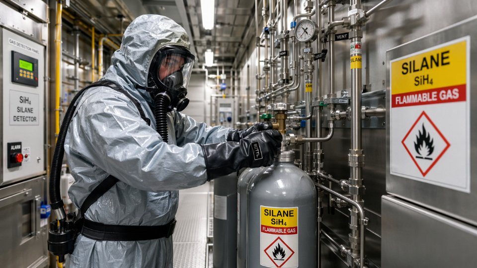 Industrial worker in full PPE inspecting silane gas cylinder connections in a semiconductor fabrication facility