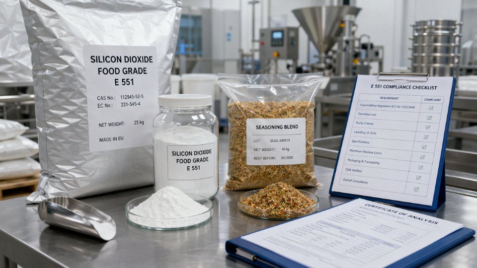 Food-grade silicon dioxide being checked for EU approval in a dry blend facility