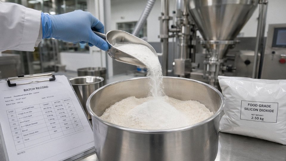 Food-grade silicon dioxide used as an anti-caking aid in a powder blending line