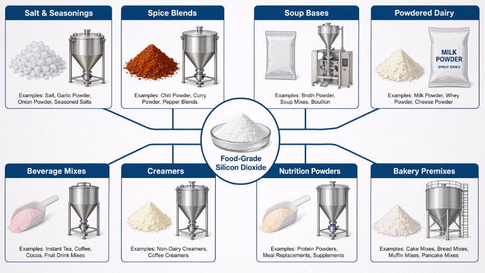 Diagram showing dry food categories that commonly use silicon dioxide as an anticaking agent.