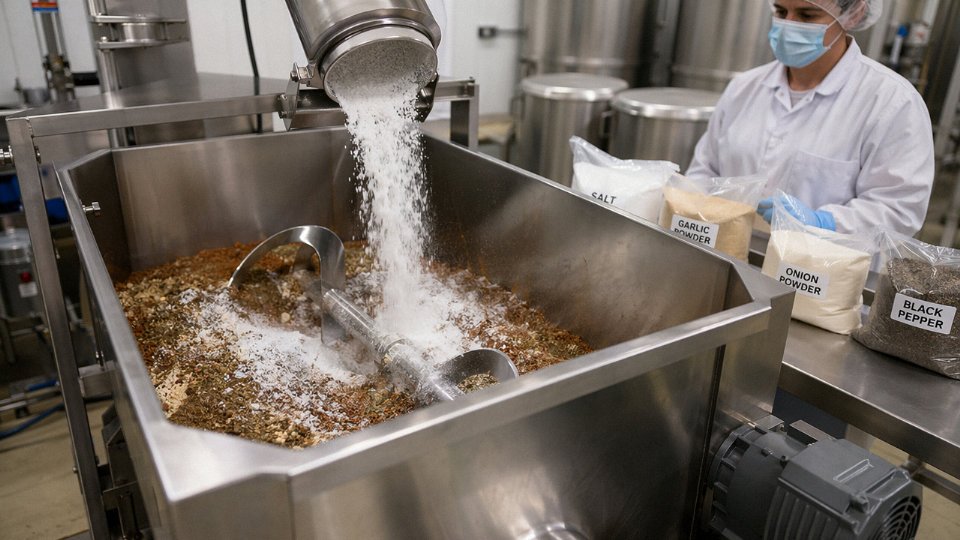 Food-grade silicon dioxide being used in an industrial dry powder blending line.