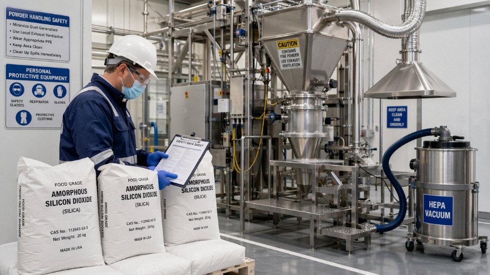 Safety engineer reviewing silicon dioxide handling in an industrial powder plant