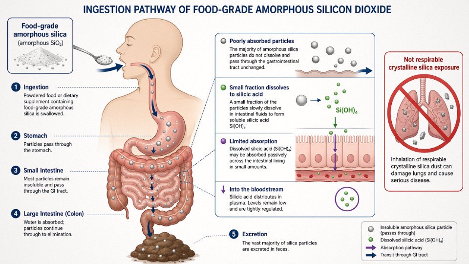 Diagram showing food-grade silicon dioxide passing through the digestive tract with limited absorption