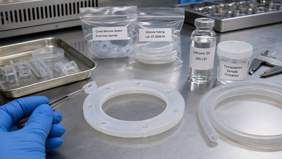 Cured silicone gasket, silicone tubing, and lab samples arranged for bloodstream safety assessment.