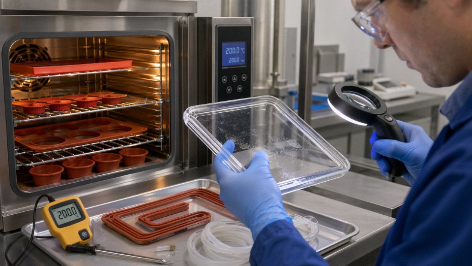 Industrial technician inspecting heated silicone parts for odor, residue, and heat damage