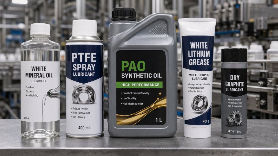Assortment of industrial lubricant substitutes for silicone oil displayed on a workshop shelf in a manufacturing plant
