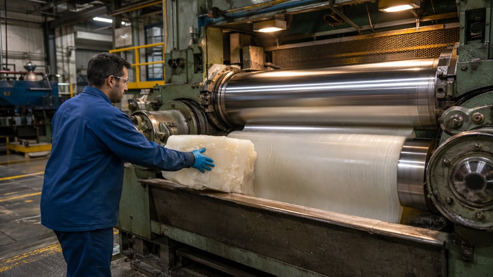 Industrial two-roll mill processing a solid silicone HCR rubber bale into a uniform compound sheet in a rubber manufacturing facility