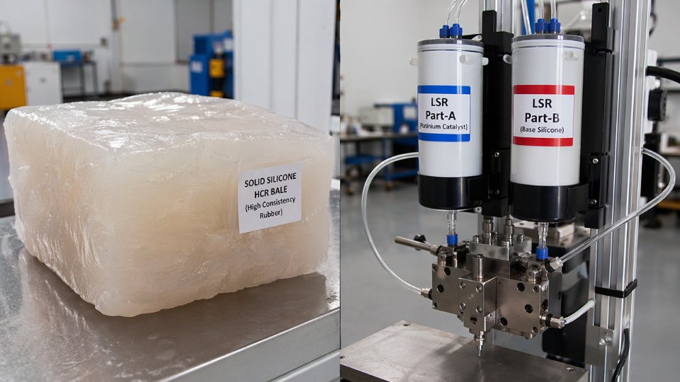 Side-by-side comparison of solid silicone HCR bale and liquid silicone rubber LSR two-part cartridge in an industrial manufacturing environment