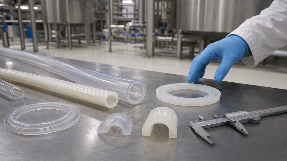 Side-by-side industrial comparison of silicone seals and PVC tubing in a food processing facility