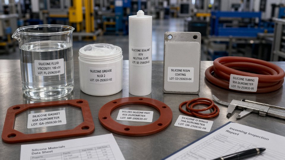 Industrial workbench comparing silicone fluid, sealant, and molded silicone rubber parts.