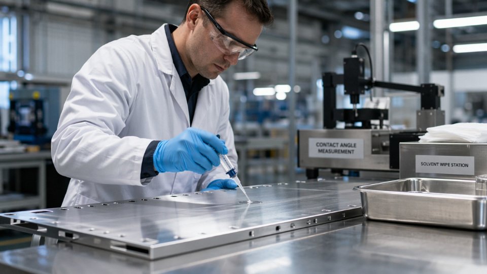 Industrial technician applying silane coupling agent to a cleaned metal surface in a manufacturing environment