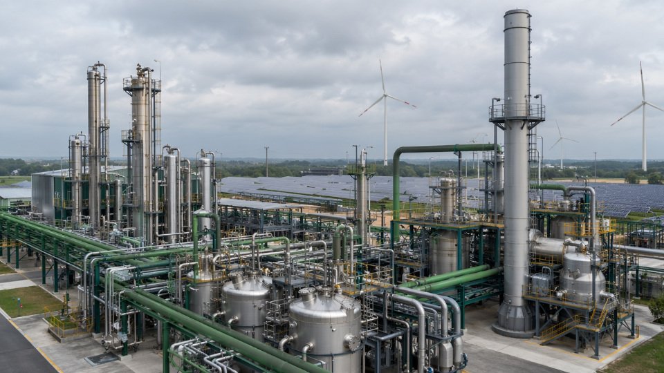 Industrial chemical plant producing bio-based silane coupling agents with green energy infrastructure visible