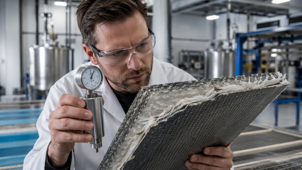 Process engineer inspecting a delaminated silane-bonded composite panel under industrial lighting