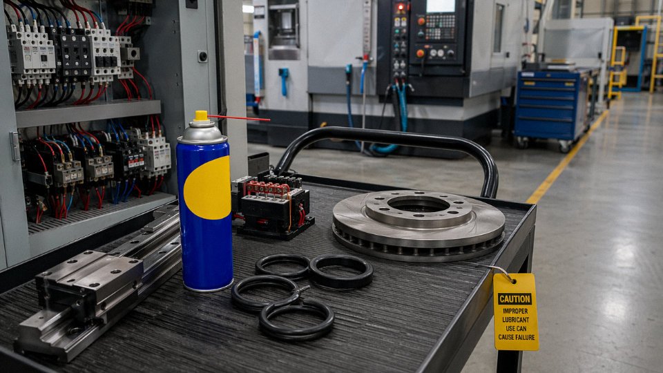 Maintenance cart with an aerosol spray can beside industrial components that should not be sprayed casually.