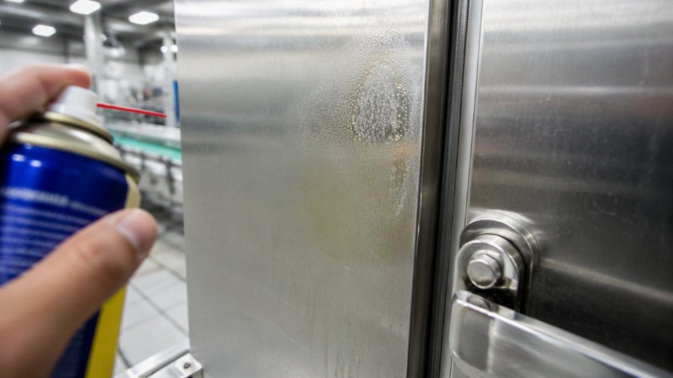 Aerosol lubricant overspray near a silicone gasket on industrial equipment