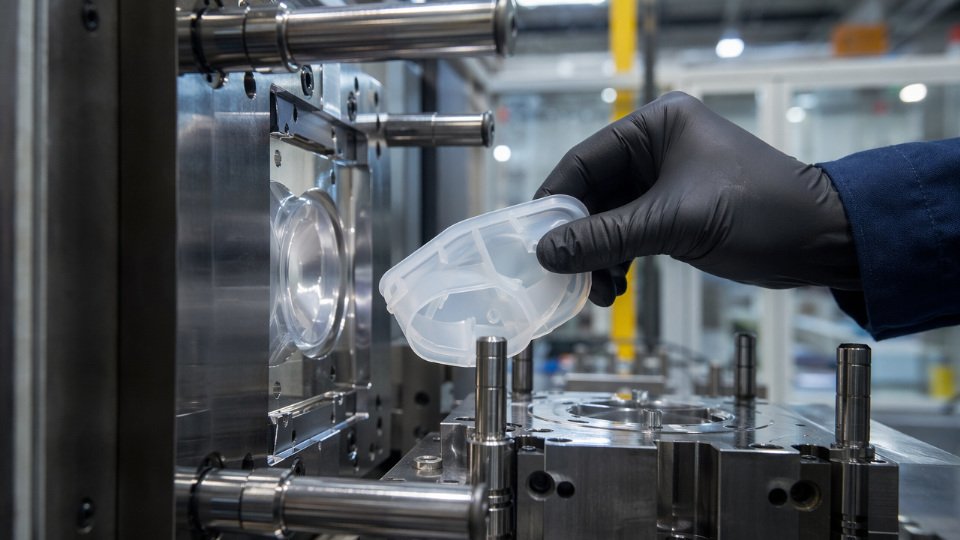 Liquid silicone rubber part being demolded cleanly from a PTFE-coated steel mold insert on an industrial injection press