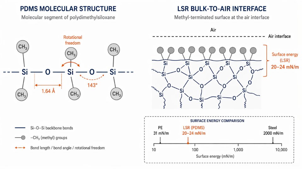 Flat vector diagram showing PDMS siloxane backbone with methyl groups orienting toward the air interface and the resulting low surface energy value