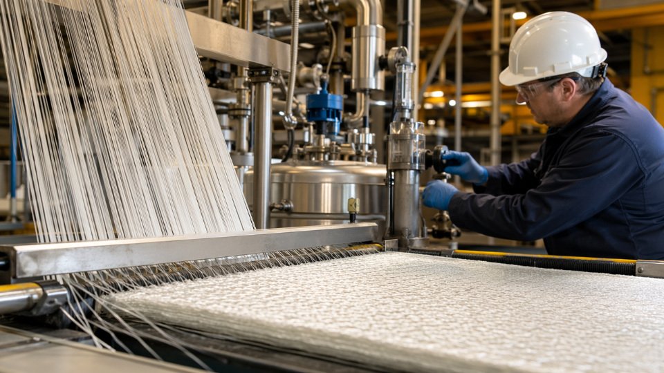 Close-up of glass fiber composite being processed in an industrial manufacturing facility, illustrating silane coupling agent application
