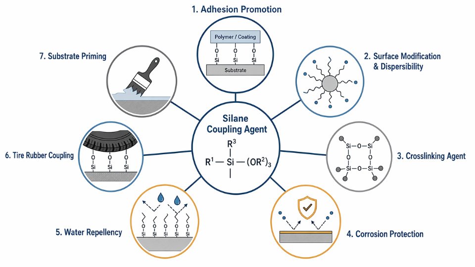 Flat vector diagram showing seven functional roles of silane coupling agents across industrial processes including adhesion promotion, surface modification, crosslinking, corrosion protection, water repellency, tire rubber coupling, and substrate priming