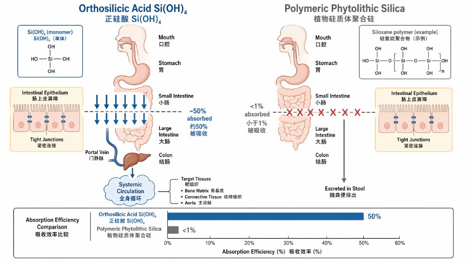 Diagram comparing gastrointestinal absorption pathways of orthosilicic acid versus polymeric phytolithic silica through the human digestive tract