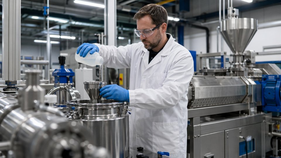 Close-up of a chemical plant operator handling organosilane coupling agent liquid in an industrial compounding facility