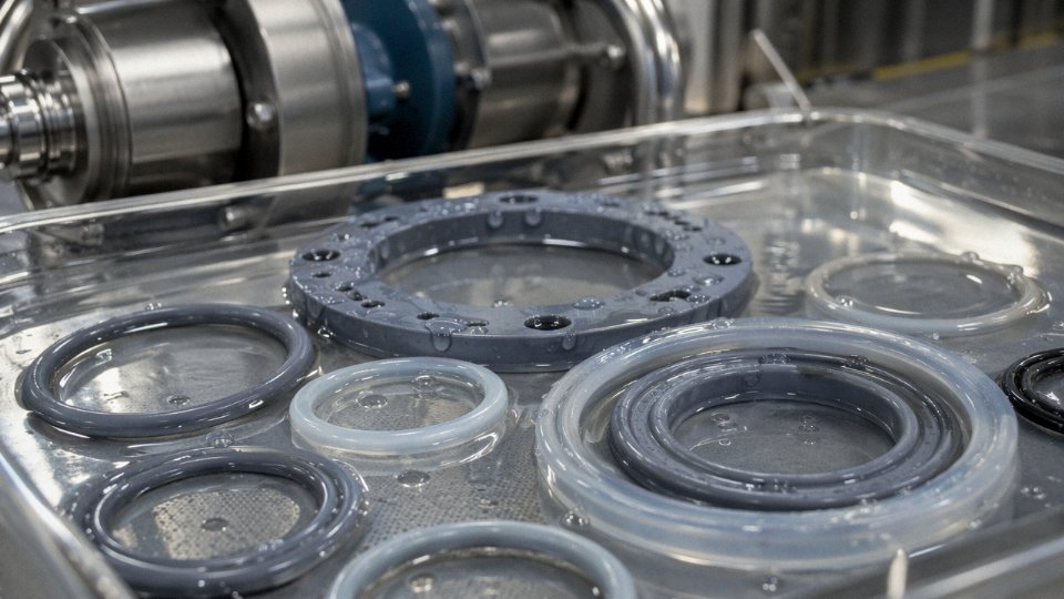 Silicone rubber gaskets and seals submerged in water on an industrial workbench