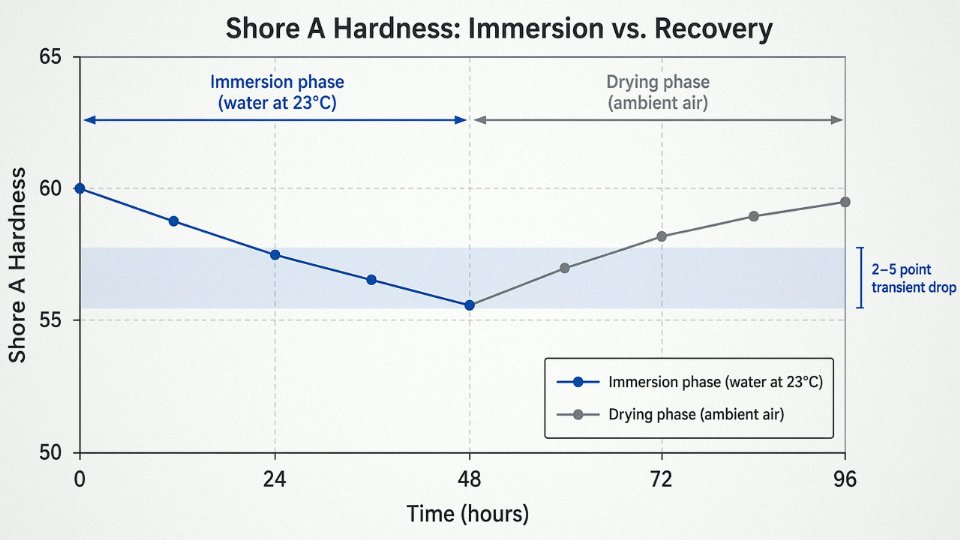 Line chart showing Shore A hardness drop during water immersion and recovery after drying for silicone rubber