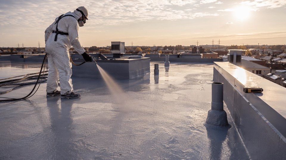 Industrial worker spray-applying liquid rubber membrane across a large commercial roof with HVAC penetrations and parapet walls