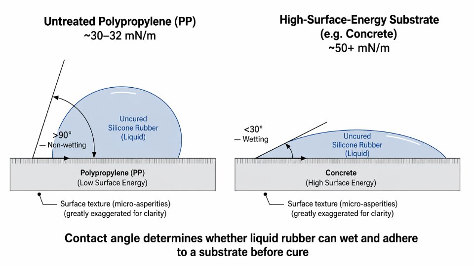 Engineering diagram comparing liquid rubber droplet contact angles on polypropylene versus a high-surface-energy substrate, illustrating wetting failure