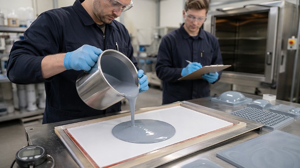 Technician pouring liquid rubber compound onto a PTFE-lined mold surface in an industrial casting facility