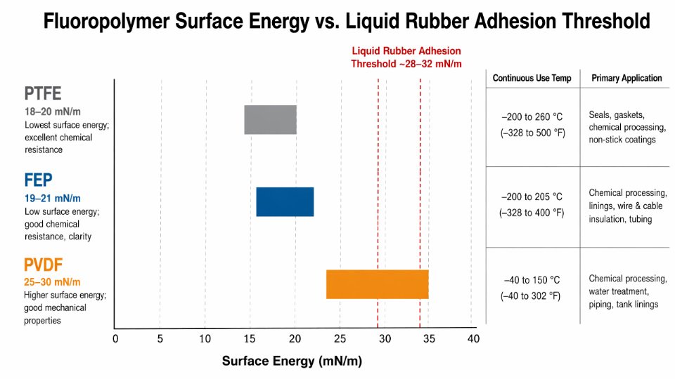 Flat vector comparison diagram showing surface energy values of PTFE, FEP, and PVDF plotted against the liquid rubber adhesion threshold