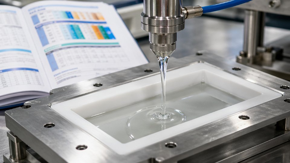 Liquid silicone rubber being poured over a PTFE-lined mold cavity, demonstrating clean non-stick release behavior in an industrial setting