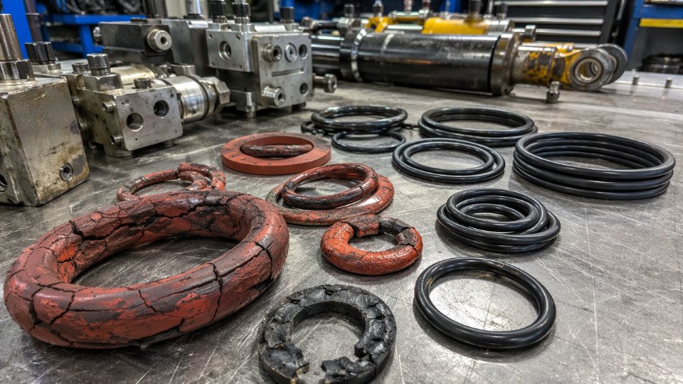 Swollen and cracked silicone O-rings removed from a fuel system laid out on an industrial workbench next to FKM replacement seals