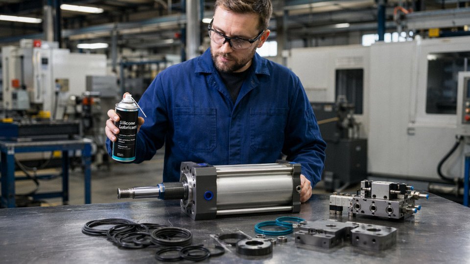 Industrial maintenance technician holding a silicone spray can next to a pneumatic cylinder and rubber seals on a factory workbench